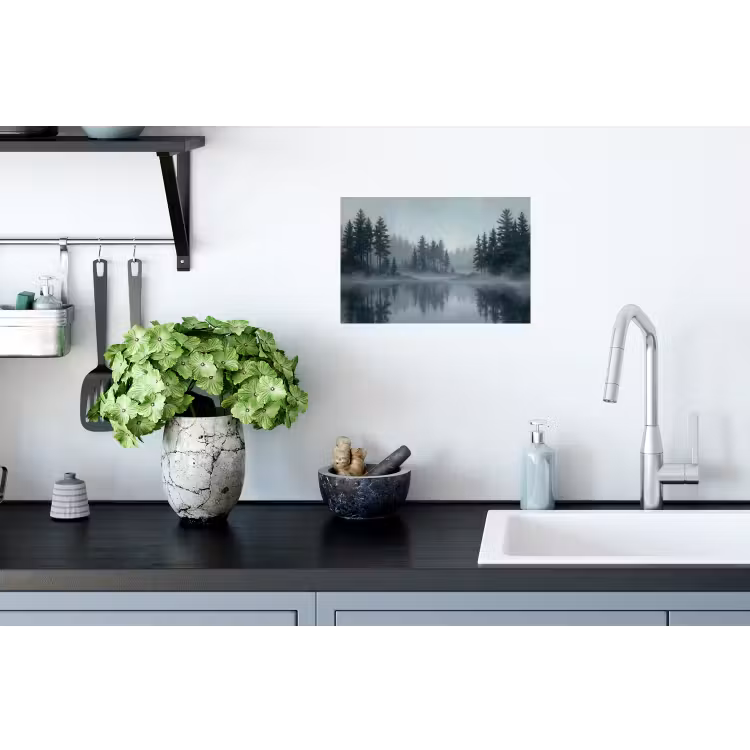 Bos - Meer - Mist - Natuur - Grijs Muursticker klein -keuken