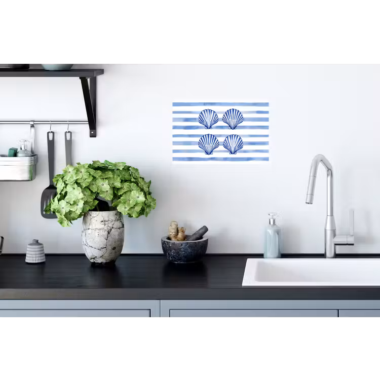 Vier schelpen - Blauw - Wit - Strepen Muursticker klein -keuken
