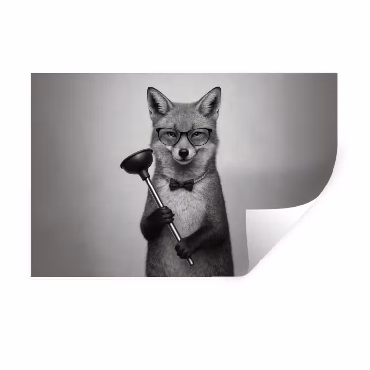 Vos - WC-ontstopper - Zwart - Wit Muursticker klein -3d