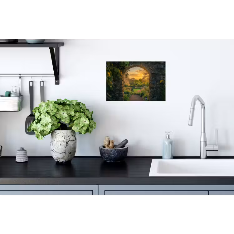 Poort - Planten - Zonsondergang Muursticker klein -keuken