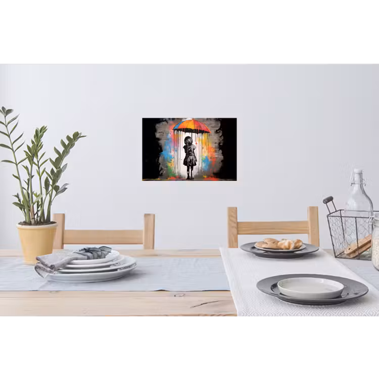 Meisje - Kunst - Paraplu - Graffiti - Kleuren - Muur Muursticker klein -eettafel
