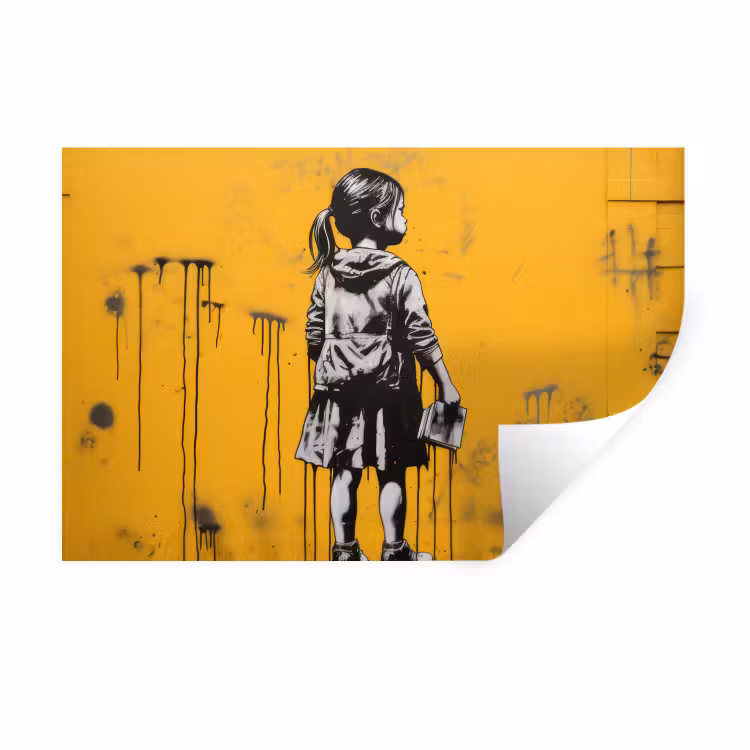 Meisje - Boek - Gele Muur - Graffiti Muursticker klein -3d