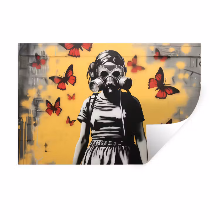Meisje - Gasmasker - Vlinders - Graffiti Muursticker klein -3d
