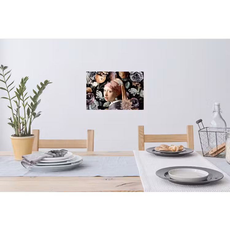 Meisje met de parel - Bloemen - Vermeer - Pastel - Kunstwerk - Schilderij - Oude meesters Muursticker klein -eettafel
