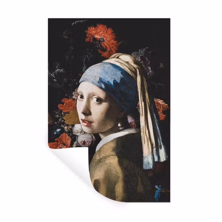 Meisje met de parel - Johannes Vermeer - Bloemen - Rood Muursticker klein -3d