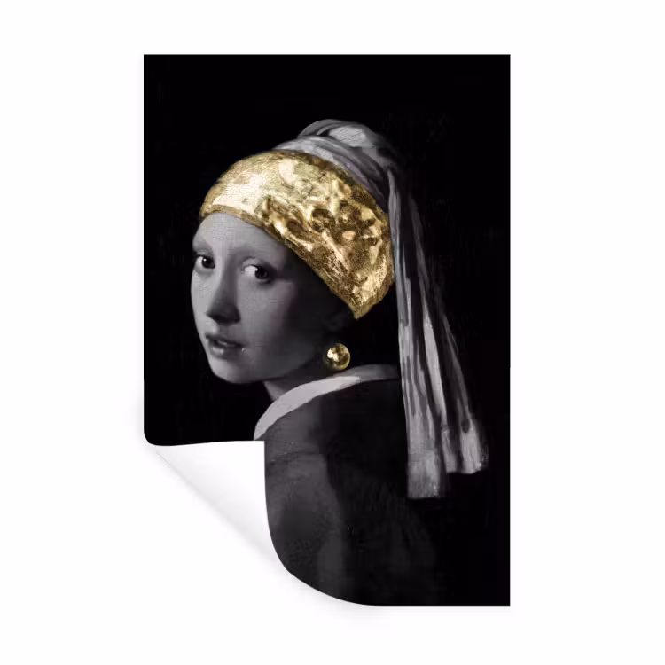 Meisje met de parel - Johannes Vermeer - Goud Muursticker klein -3d