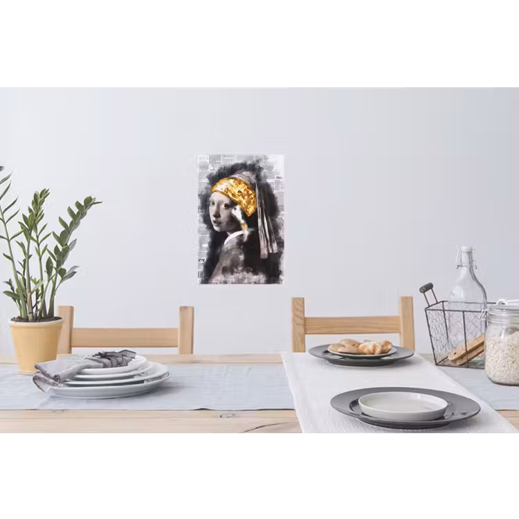 Meisje met de parel - Johannes Vermeer - Krant - Goud Muursticker klein -eettafel