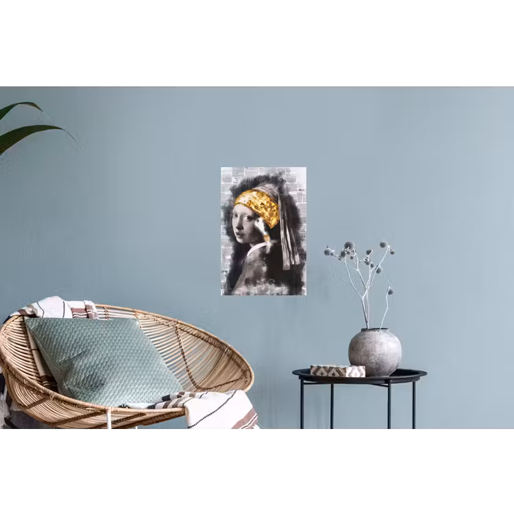 Meisje met de parel - Johannes Vermeer - Krant - Goud Muursticker klein -plant
