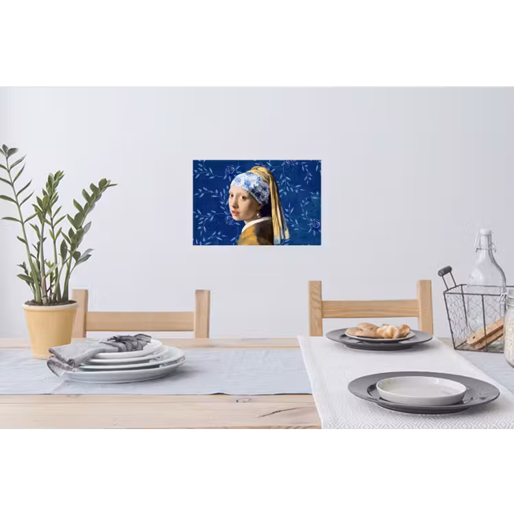 Meisje met de parel - Delfts blauw - Vermeer - Bloemen - Schilderij - Oude meesters Muursticker klein -eettafel