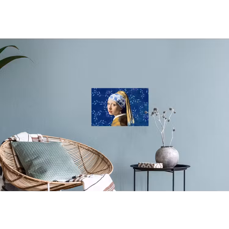 Meisje met de parel - Delfts blauw - Vermeer - Bloemen - Schilderij - Oude meesters Muursticker klein -plant