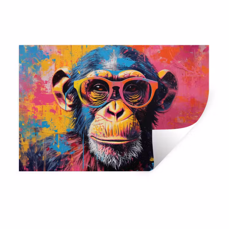 Graffiti - Chimpansee - Aap - Bril - Kleurrijk Muursticker klein -3d