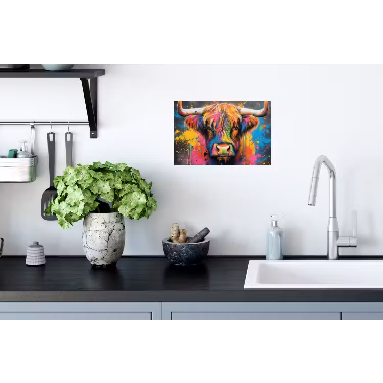 Graffiti - Schotse hooglander - Koe - Kleurrijk Muursticker klein -keuken
