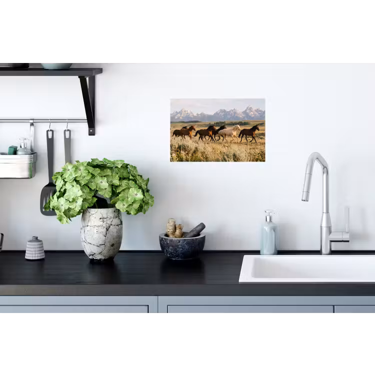 Paarden - Kudde - Bergen - Vrijheid - Wild Muursticker klein -keuken