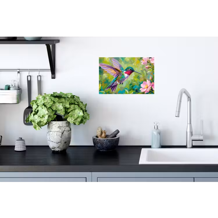 Kolibrie - Bloemen - Natuur - Kleurrijk Muursticker klein -keuken