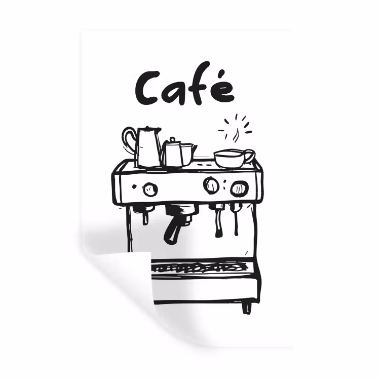 Illustratie - Café - Koffiemachine - Kopjes Muursticker klein -3d