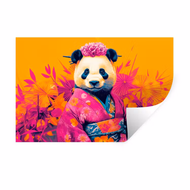 Kimono - Roze - Panda - Bloemenkroon Muursticker klein -3d