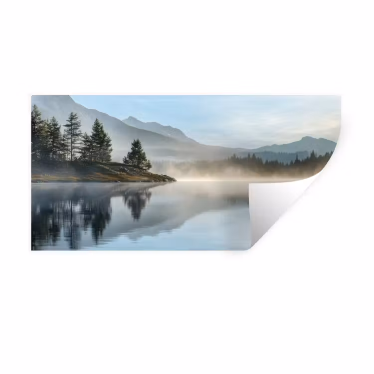 Meer - Mist - Bergen - Landschap Muursticker klein -3d