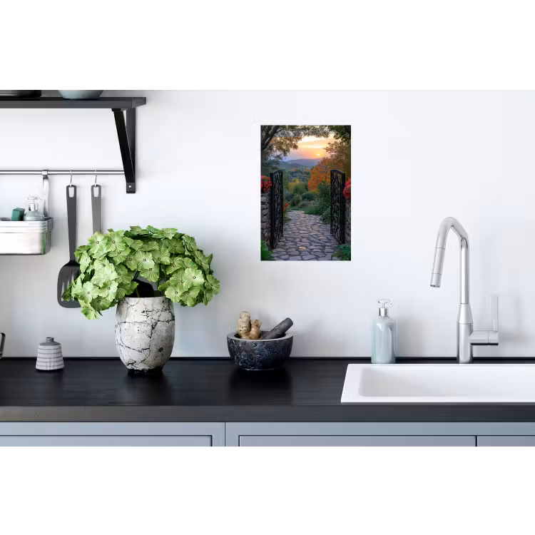 Landschap - Hek - Pad - Zonsondergang - Natuur Muursticker klein -keuken