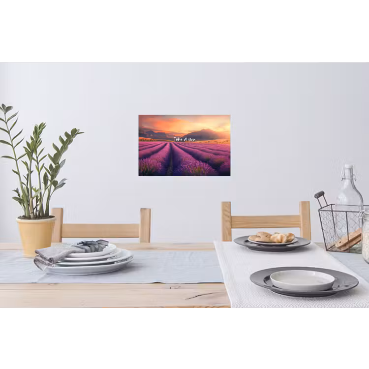 Lavendelveld - Quote - Zonsondergang Muursticker klein -eettafel