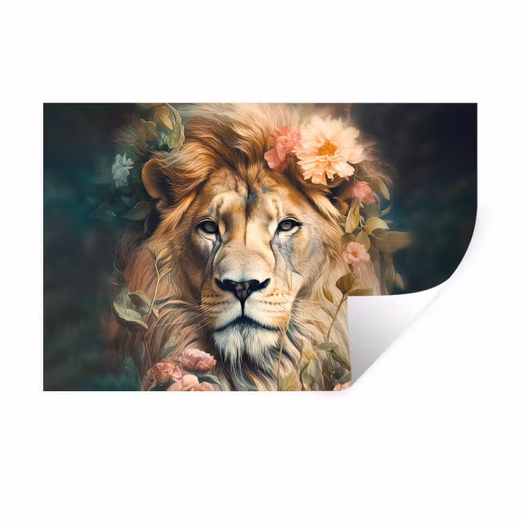 Leeuw - Leeuwenkop - Wilde dieren - Bloemen Muursticker klein -3d