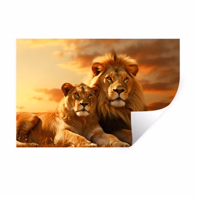 Leeuwen - Zonsondergang - Afrika - Savanne - Dieren Muursticker klein -3d