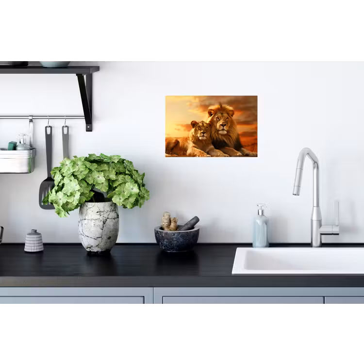 Leeuwen - Zonsondergang - Afrika - Savanne - Dieren Muursticker klein -keuken