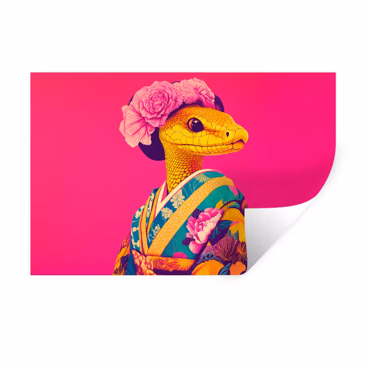 Hagedis - Bloemen - Roze - Kimono Muursticker klein -3d