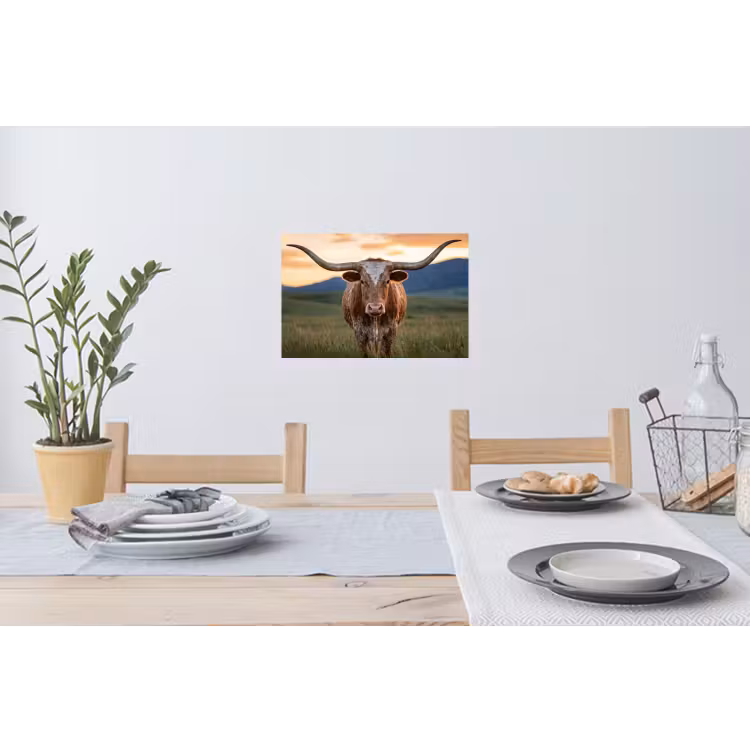 Longhorn - Landschap - Zonsondergang Muursticker klein -eettafel