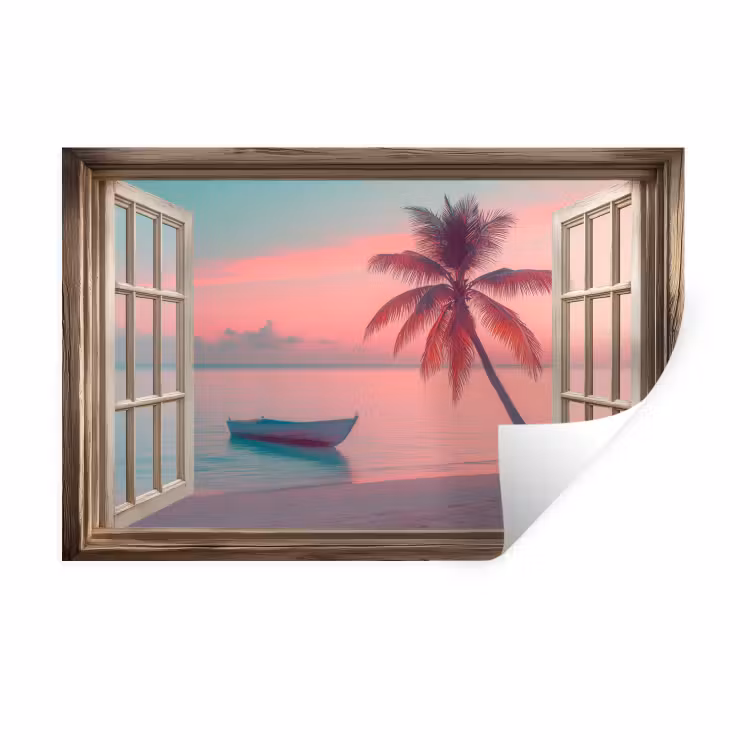 Doorkijk - Strand - Palmboom - Tropisch Muursticker klein -3d