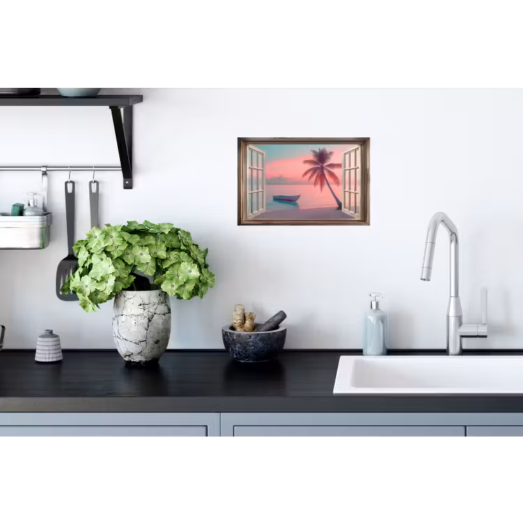 Doorkijk - Strand - Palmboom - Tropisch Muursticker klein -keuken