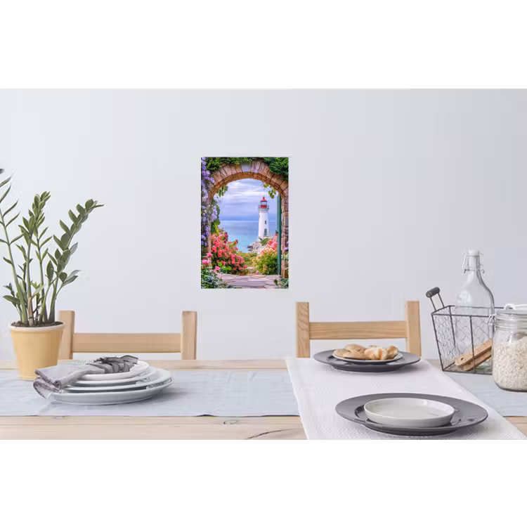 Doorkijk - Vuurtoren - Bloemen - Uitzicht Muursticker klein -eettafel