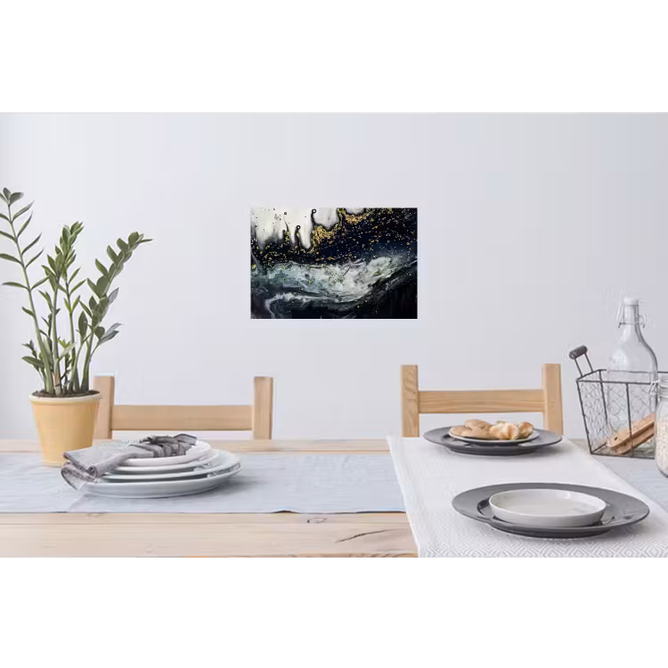 Abstracte vormen uit de natuur met witte en gouden en donkere kleuren Muursticker klein -eettafel