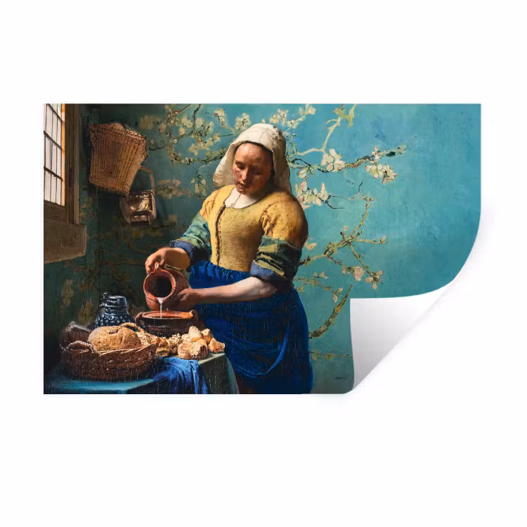 Melkmeisje - Amandelbloesem - Van Gogh - Vermeer - Schilderij - Oude meesters Muursticker klein -3d