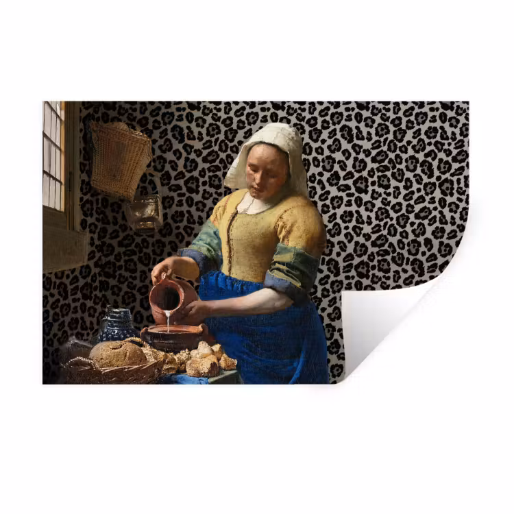 Melkmeisje - Kunst - Panterprint - Vermeer - Schilderij - Oude meesters Muursticker klein -3d