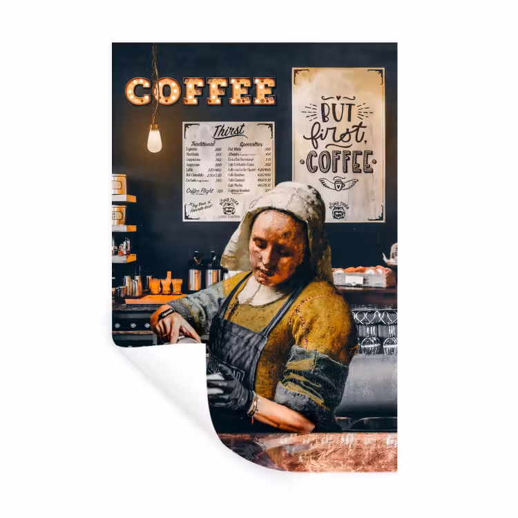 Melkmeisje - Barista - Koffie - Vintage - Kunst - Abstract - Schilderij - Oude meesters Muursticker klein -3d