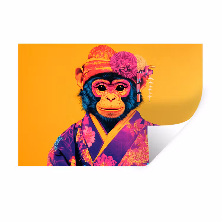 Aap - Kimono - Bloemen - Hoofdtooi Muursticker klein -3d