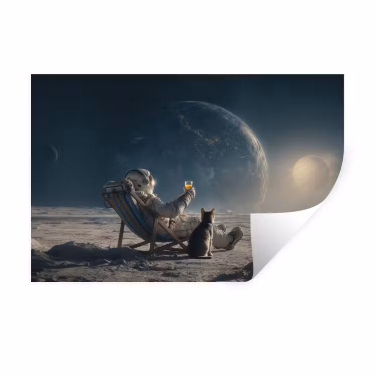 Maan - Kat - Astronaut - Ruimte Muursticker klein -3d
