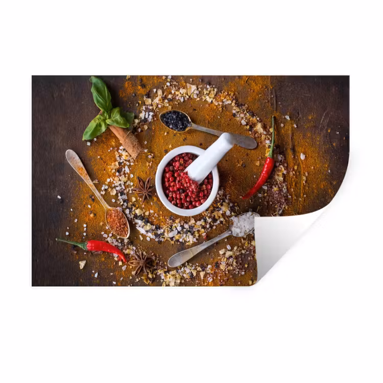 Vijzel - Kruiden - Lepels - Specerijen - Bruin - Peper Muursticker klein -3d