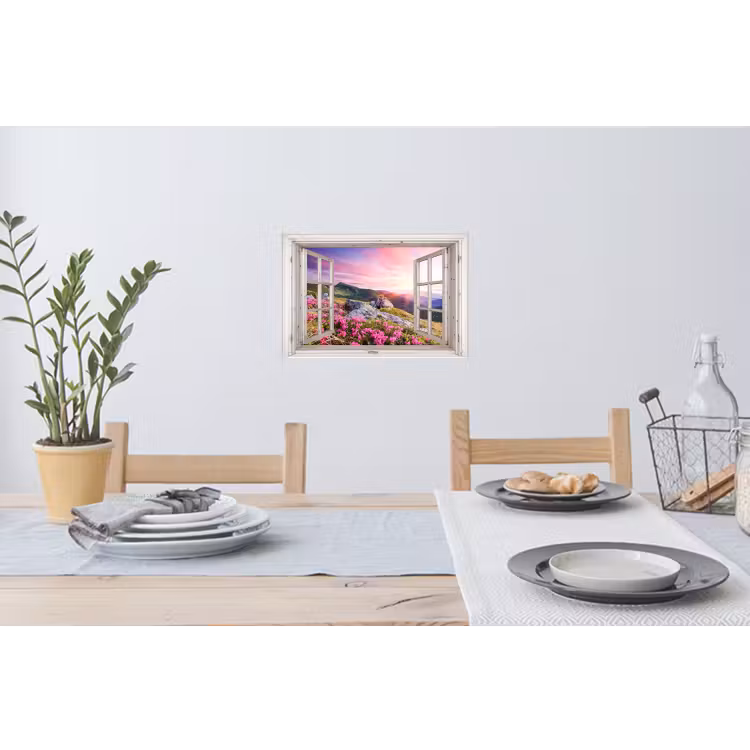 Bergen - Landschap - Doorkijk - Bloemen - Avond - Roze Muursticker klein -eettafel