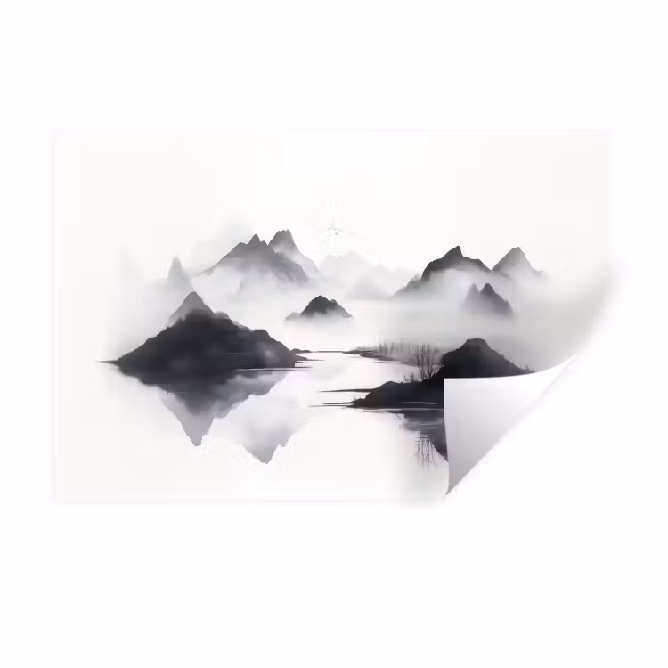 Bergen - Mistig - Water - Wit Muursticker klein -3d