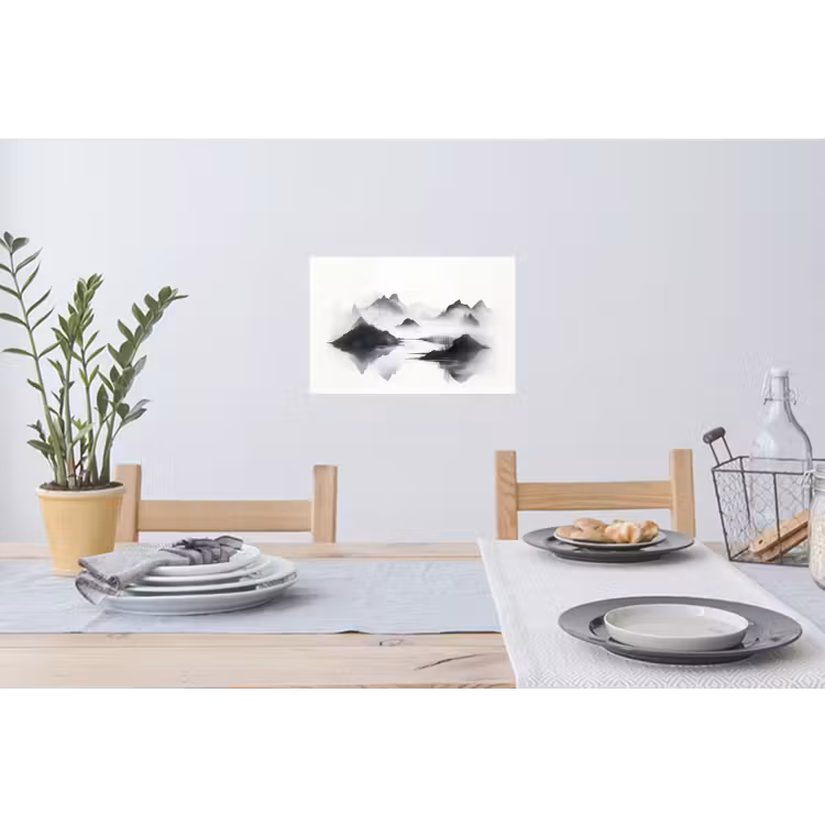 Bergen - Mistig - Water - Wit Muursticker klein -eettafel