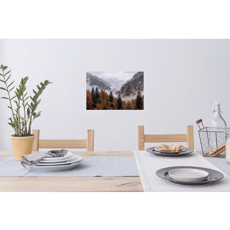 Bergen - Vallei - Mist - Herfst - Natuur Muursticker klein -eettafel