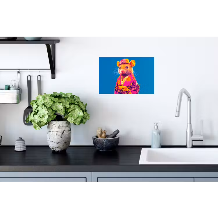 Muis - Kimono - Bloemen - Blauw Muursticker klein -keuken