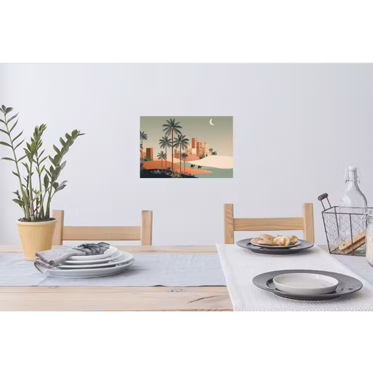 Nachtlandschap - Kamelen - Sterren - zandduinden Muursticker klein -eettafel