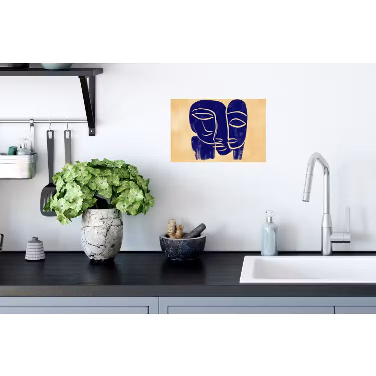 Okergeel - Blauw - Eenvoudige lijnen Muursticker klein -keuken
