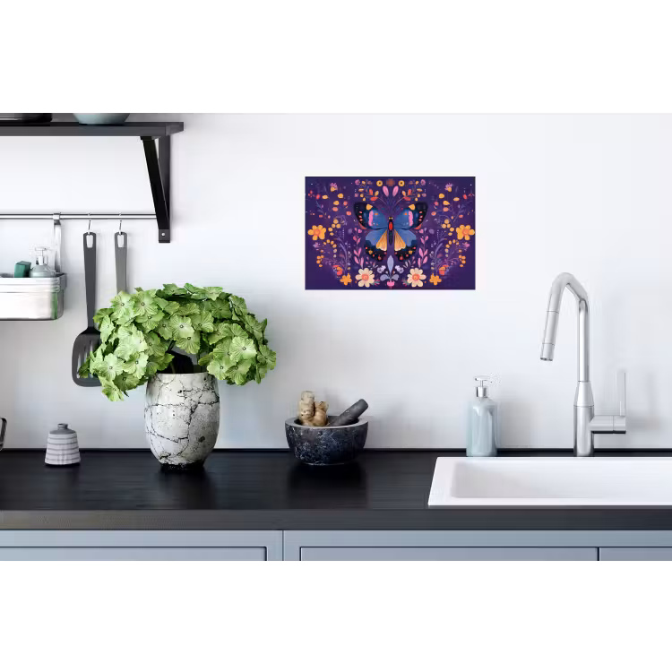 Sierlijk - Bloemen - Vlinder - Paars Muursticker klein -keuken