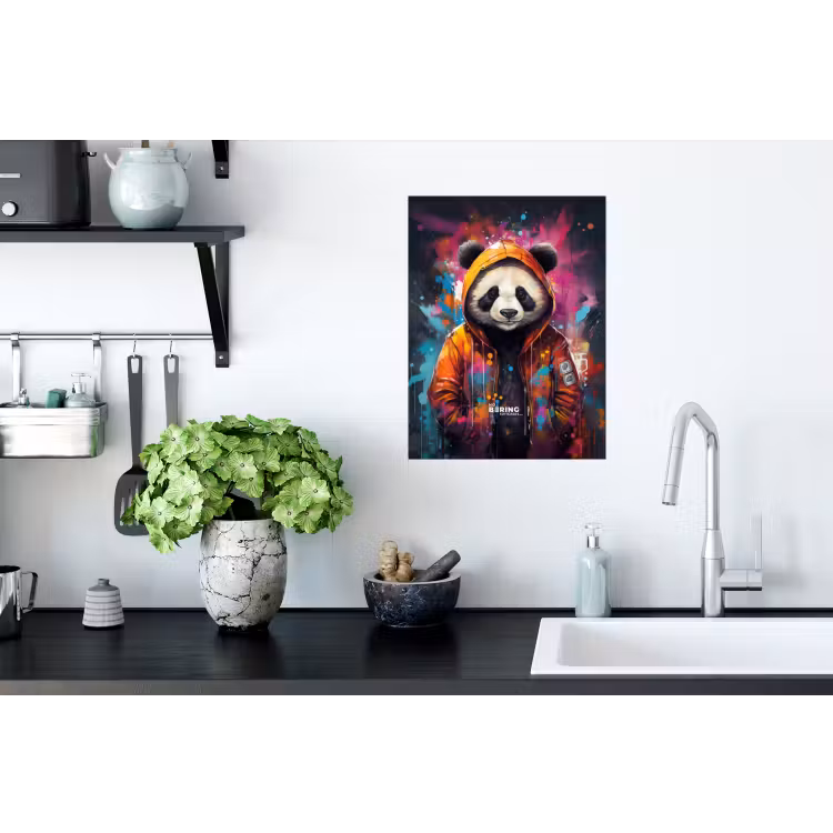 Panda met oranje jas en verfspetters Muursticker klein -keuken