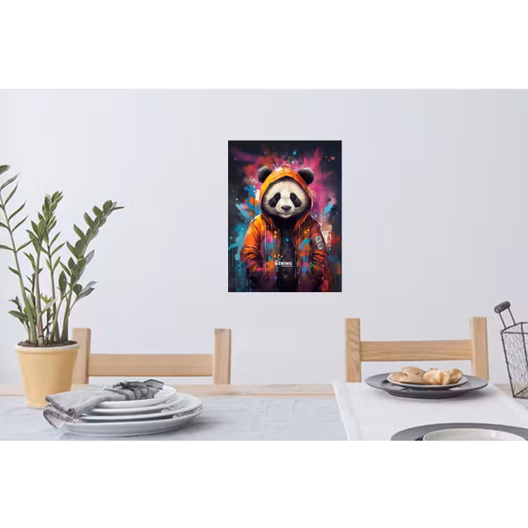 Panda met oranje jas en verfspetters Muursticker klein -eettafel