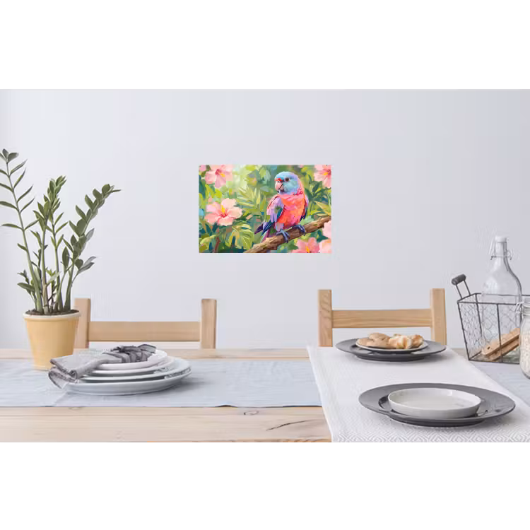 Papagaai - Hibiscusbloemen - Kleurrijk Muursticker klein -eettafel