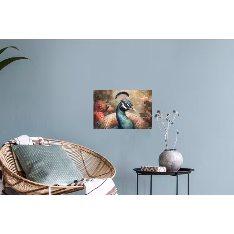 Pauw - Vogel - Bloemen - Planten - Pauwenveren Muursticker klein -plant